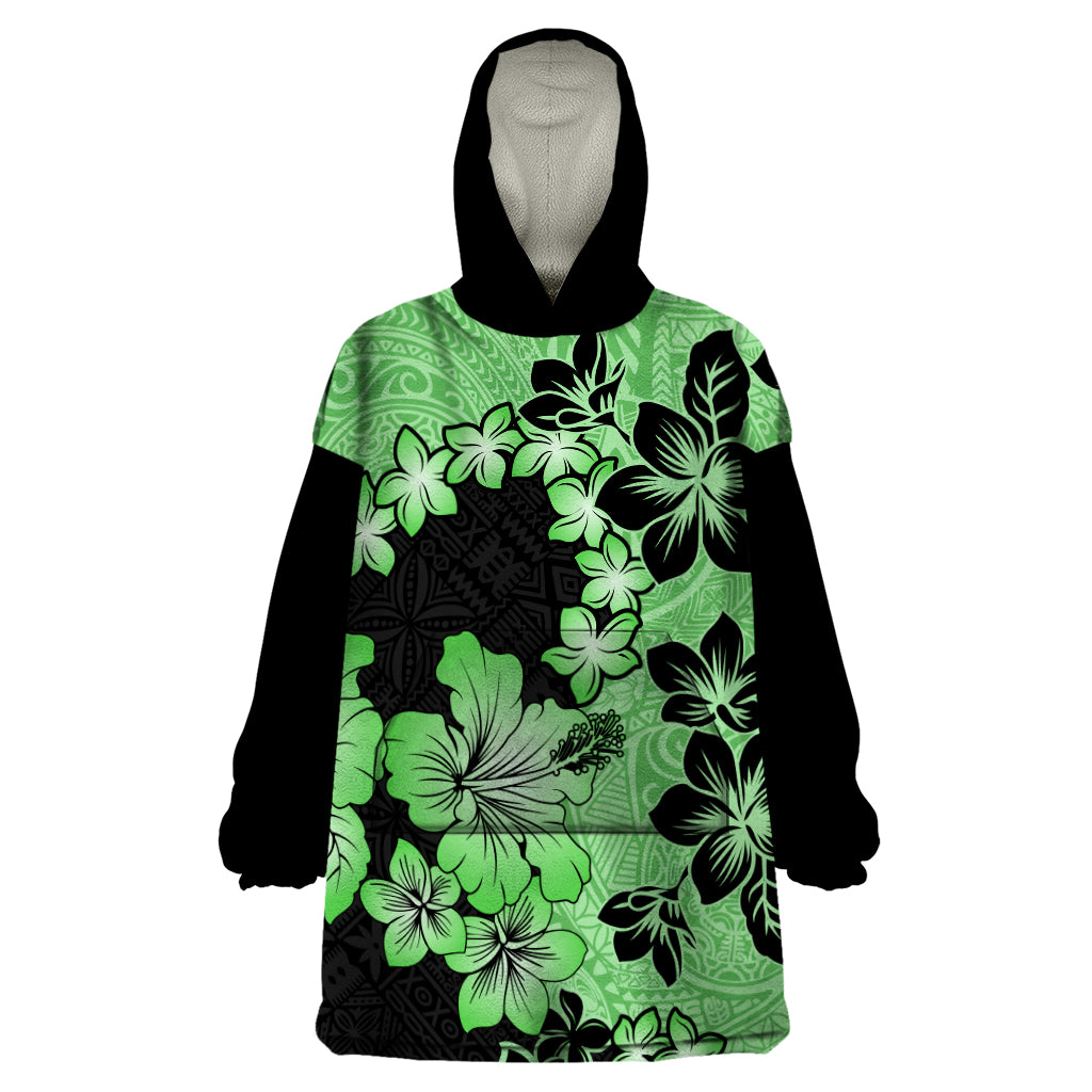 Green Hawaii Wearable Blanket Hoodie Tapa Cloth Mix Tropical Flowers Pastel Vibes - Wonder Print Shop