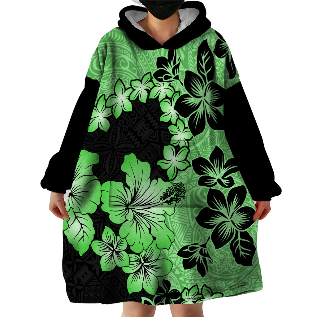 Green Hawaii Wearable Blanket Hoodie Tapa Cloth Mix Tropical Flowers Pastel Vibes - Wonder Print Shop