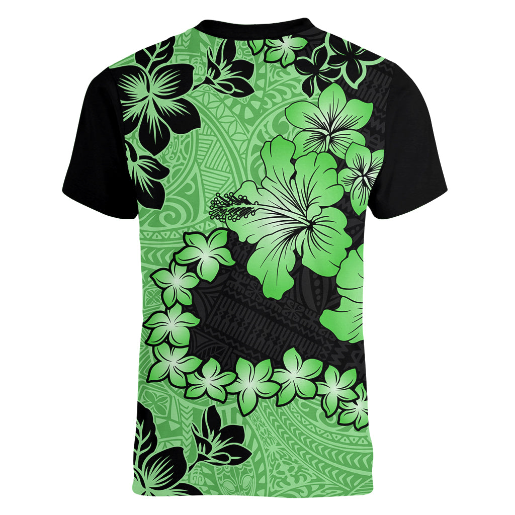 Green Hawaii Women V Neck T Shirt Tapa Cloth Mix Tropical Flowers Pastel Vibes - Wonder Print Shop