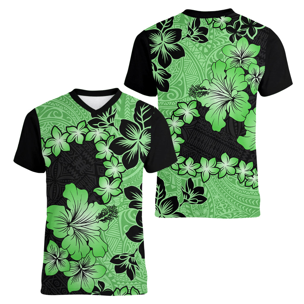 Green Hawaii Women V Neck T Shirt Tapa Cloth Mix Tropical Flowers Pastel Vibes - Wonder Print Shop