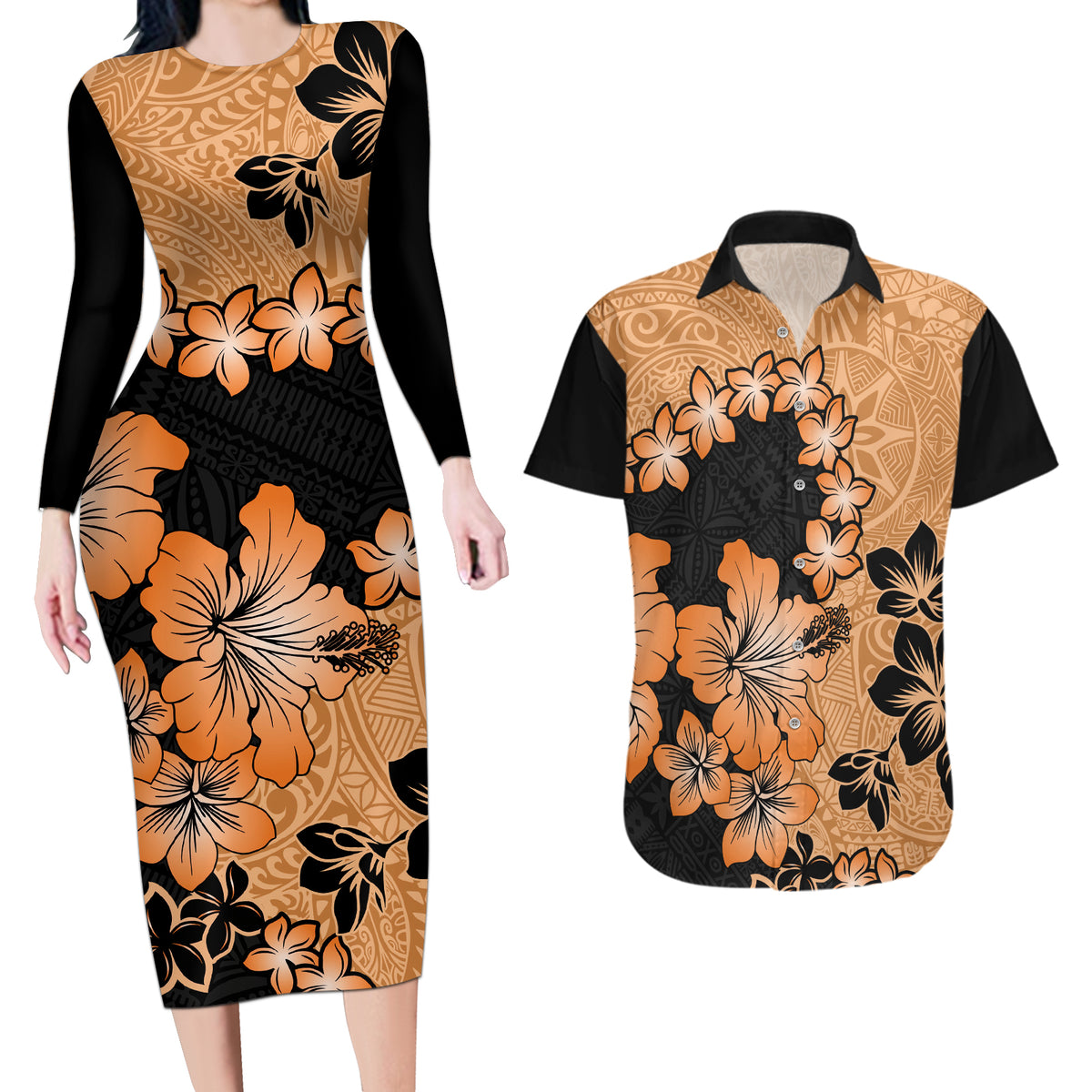 Orange Hawaii Couples Matching Long Sleeve Bodycon Dress and Hawaiian Shirt Tapa Cloth Mix Tropical Flowers Pastel Vibes - Wonder Print Shop