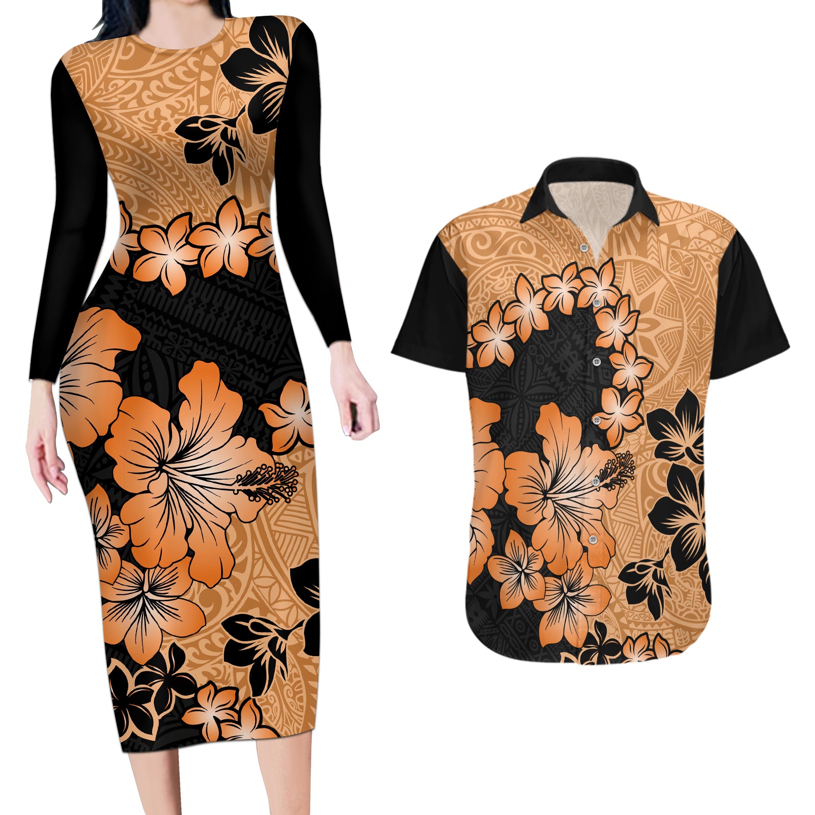 Orange Hawaii Couples Matching Long Sleeve Bodycon Dress and Hawaiian Shirt Tapa Cloth Mix Tropical Flowers Pastel Vibes - Wonder Print Shop