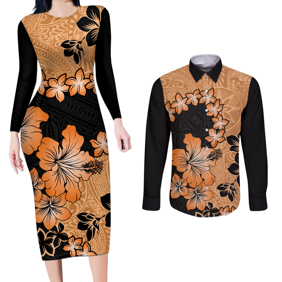 Orange Hawaii Couples Matching Long Sleeve Bodycon Dress and Long Sleeve Button Shirt Tapa Cloth Mix Tropical Flowers Pastel Vibes - Wonder Print Shop