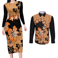 Orange Hawaii Couples Matching Long Sleeve Bodycon Dress and Long Sleeve Button Shirt Tapa Cloth Mix Tropical Flowers Pastel Vibes - Wonder Print Shop