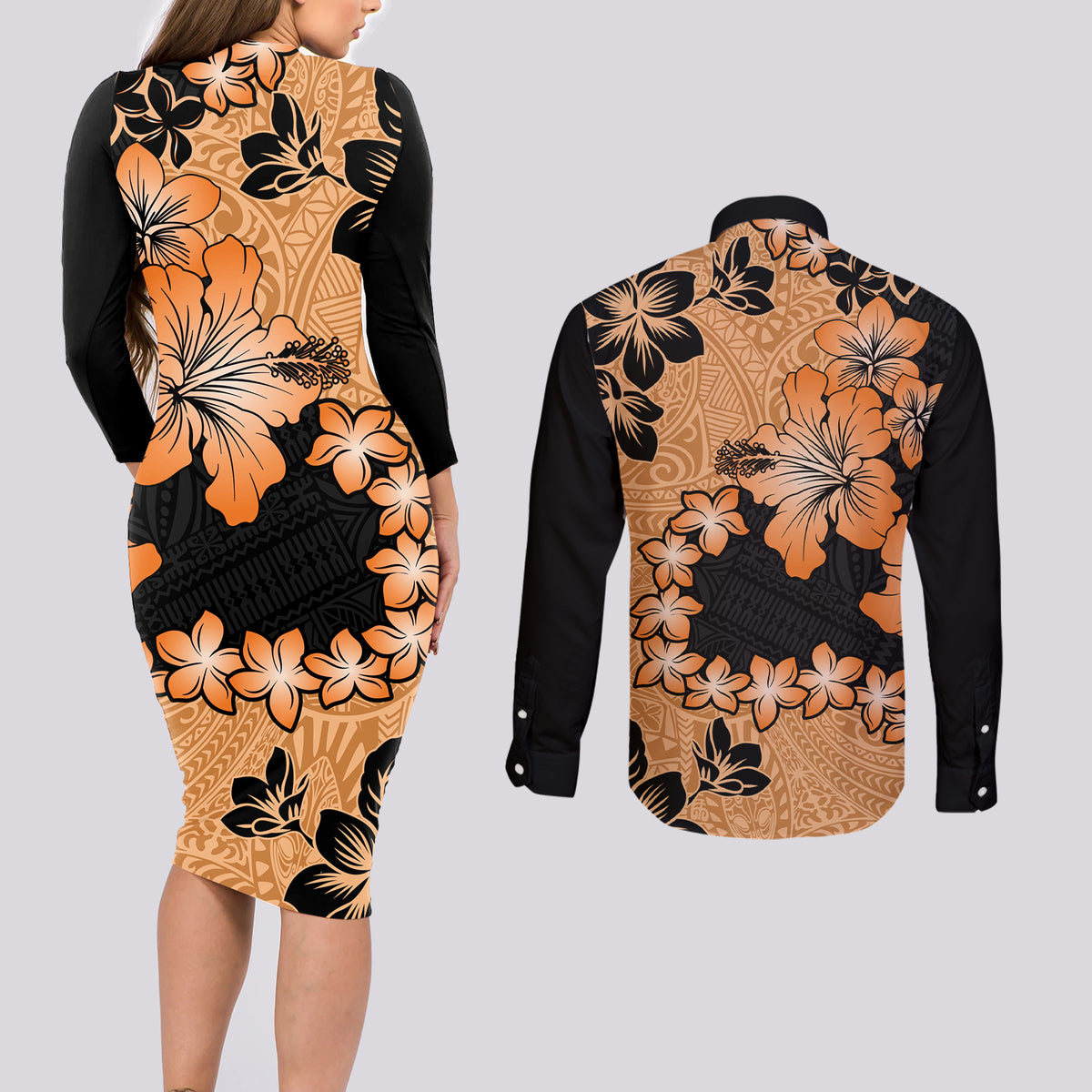 Orange Hawaii Couples Matching Long Sleeve Bodycon Dress and Long Sleeve Button Shirt Tapa Cloth Mix Tropical Flowers Pastel Vibes - Wonder Print Shop