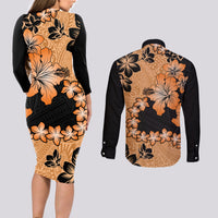 Orange Hawaii Couples Matching Long Sleeve Bodycon Dress and Long Sleeve Button Shirt Tapa Cloth Mix Tropical Flowers Pastel Vibes - Wonder Print Shop