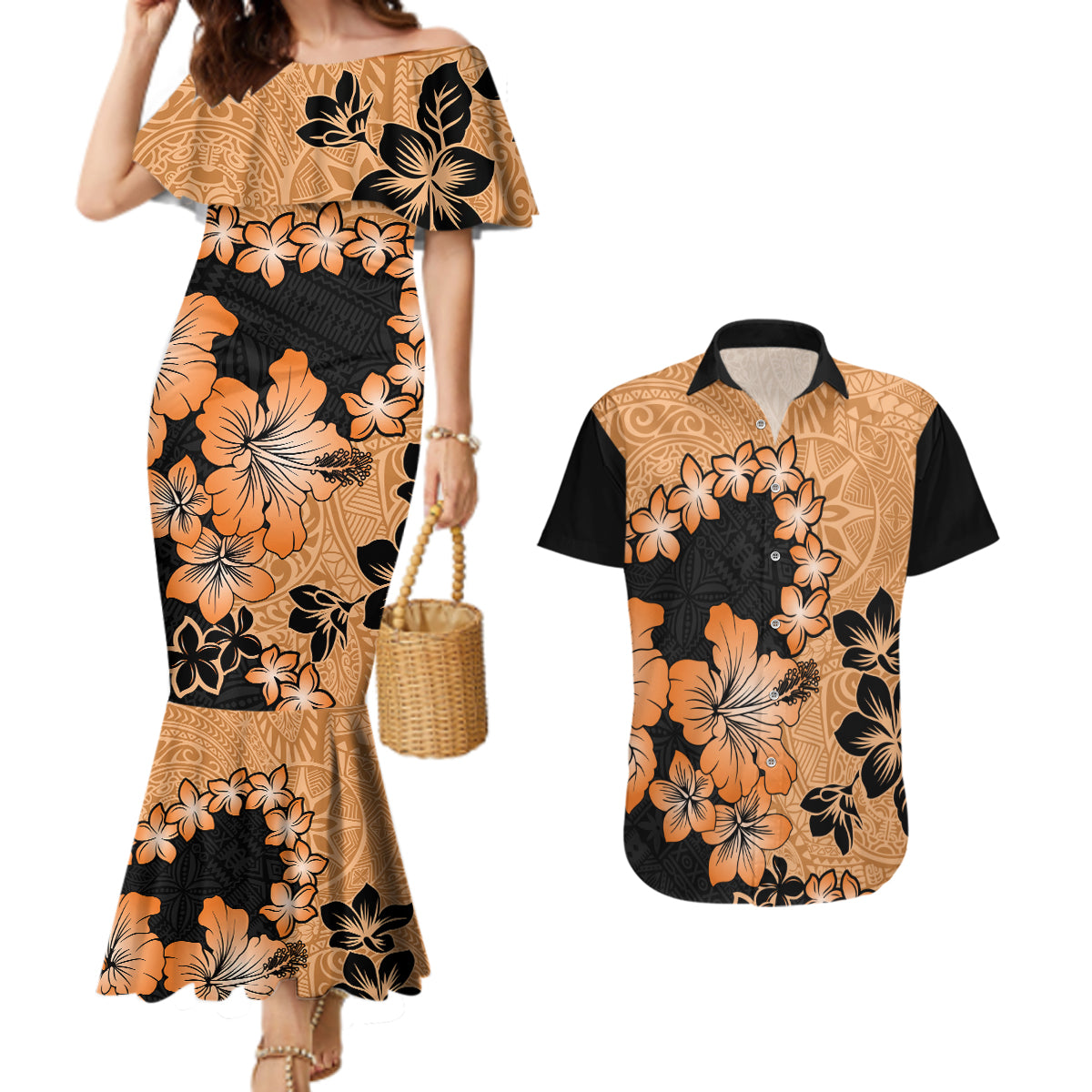 Orange Hawaii Couples Matching Mermaid Dress and Hawaiian Shirt Tapa Cloth Mix Tropical Flowers Pastel Vibes - Wonder Print Shop