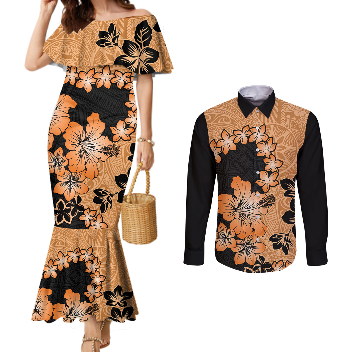 orange-hawaii-couples-matching-mermaid-dress-and-long-sleeve-button-shirt-tapa-cloth-mix-tropical-flowers-pastel-vibes