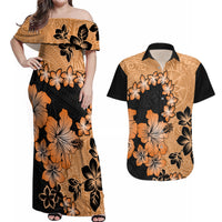 Orange Hawaii Couples Matching Off Shoulder Maxi Dress and Hawaiian Shirt Tapa Cloth Mix Tropical Flowers Pastel Vibes - Wonder Print Shop