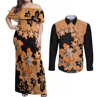 Orange Hawaii Couples Matching Off Shoulder Maxi Dress and Long Sleeve Button Shirt Tapa Cloth Mix Tropical Flowers Pastel Vibes - Wonder Print Shop