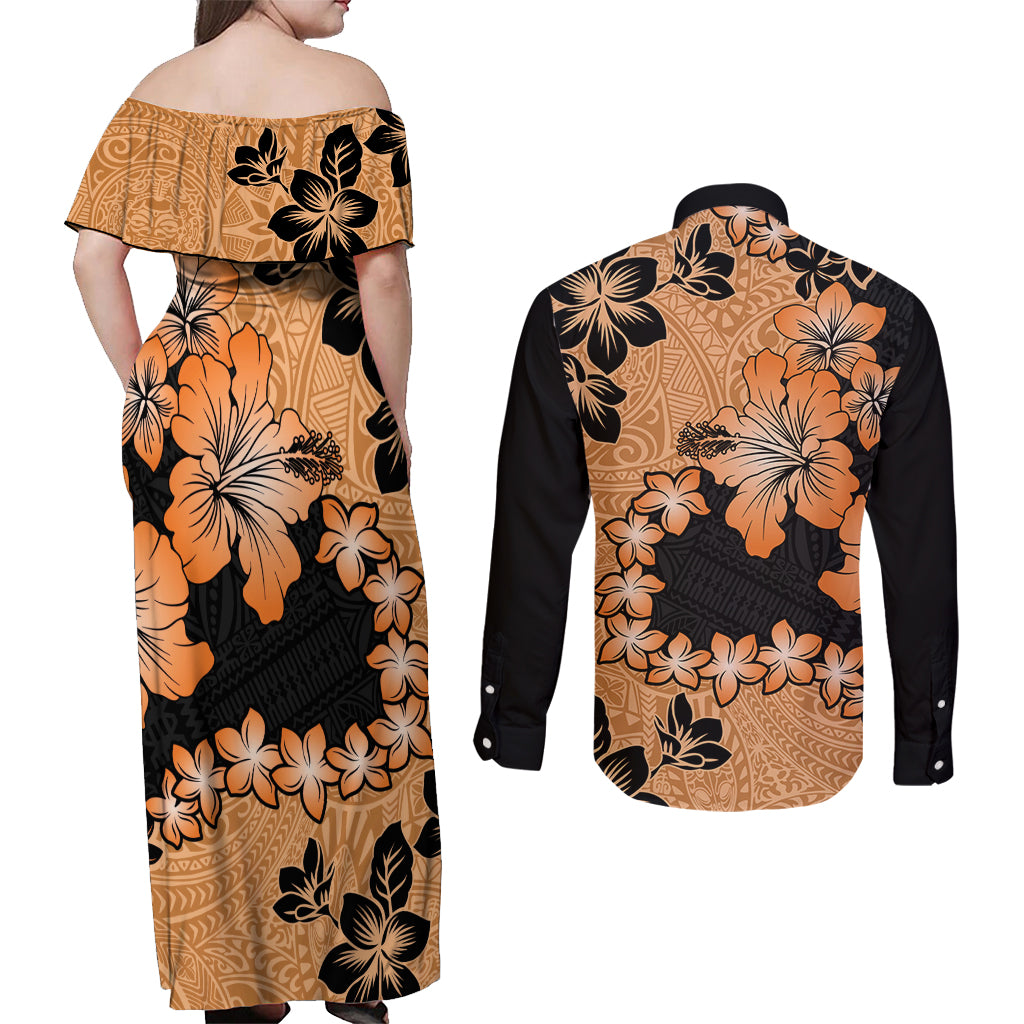 Orange Hawaii Couples Matching Off Shoulder Maxi Dress and Long Sleeve Button Shirt Tapa Cloth Mix Tropical Flowers Pastel Vibes - Wonder Print Shop