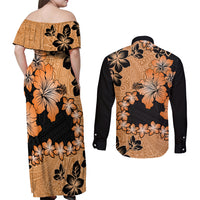 Orange Hawaii Couples Matching Off Shoulder Maxi Dress and Long Sleeve Button Shirt Tapa Cloth Mix Tropical Flowers Pastel Vibes - Wonder Print Shop