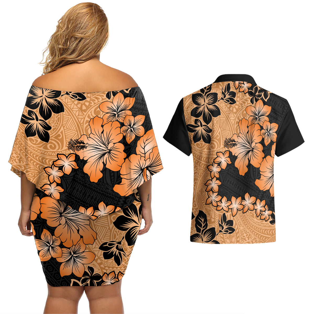 Orange Hawaii Couples Matching Off Shoulder Short Dress and Hawaiian Shirt Tapa Cloth Mix Tropical Flowers Pastel Vibes - Wonder Print Shop
