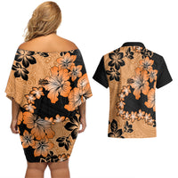 Orange Hawaii Couples Matching Off Shoulder Short Dress and Hawaiian Shirt Tapa Cloth Mix Tropical Flowers Pastel Vibes - Wonder Print Shop