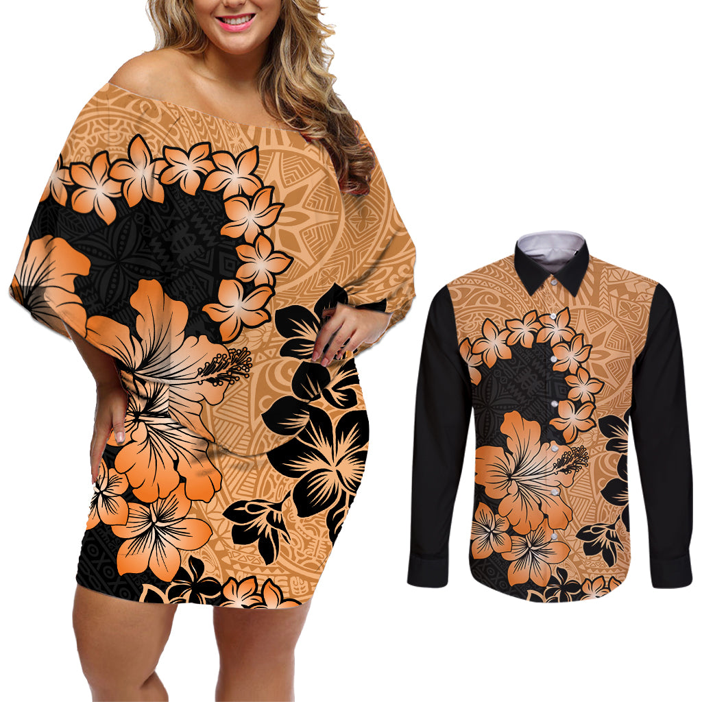Orange Hawaii Couples Matching Off Shoulder Short Dress and Long Sleeve Button Shirt Tapa Cloth Mix Tropical Flowers Pastel Vibes - Wonder Print Shop