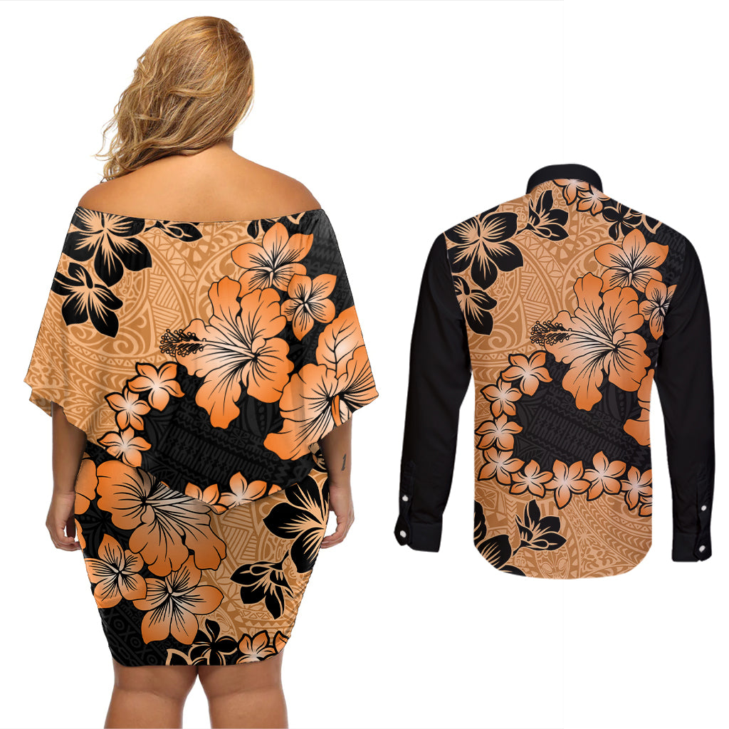Orange Hawaii Couples Matching Off Shoulder Short Dress and Long Sleeve Button Shirt Tapa Cloth Mix Tropical Flowers Pastel Vibes - Wonder Print Shop
