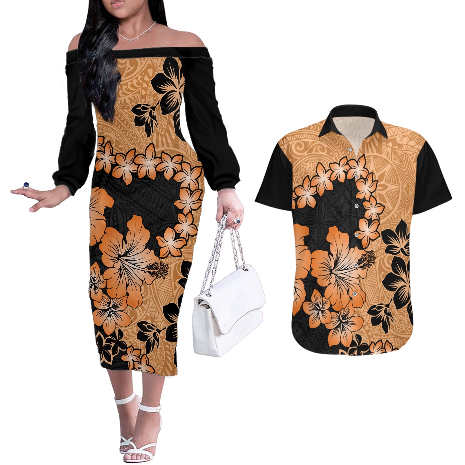 Orange Hawaii Couples Matching Off The Shoulder Long Sleeve Dress and Hawaiian Shirt Tapa Cloth Mix Tropical Flowers Pastel Vibes - Wonder Print Shop