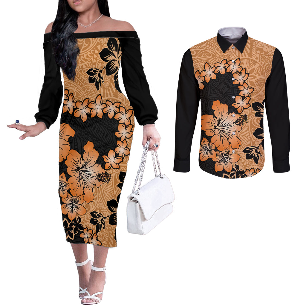 orange-hawaii-couples-matching-off-the-shoulder-long-sleeve-dress-and-long-sleeve-button-shirt-tapa-cloth-mix-tropical-flowers-pastel-vibes