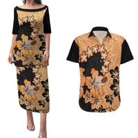 Orange Hawaii Couples Matching Puletasi Dress and Hawaiian Shirt Tapa Cloth Mix Tropical Flowers Pastel Vibes - Wonder Print Shop