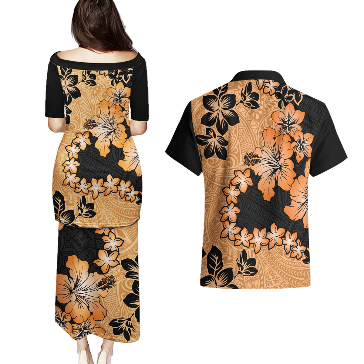 Orange Hawaii Couples Matching Puletasi Dress and Hawaiian Shirt Tapa Cloth Mix Tropical Flowers Pastel Vibes - Wonder Print Shop