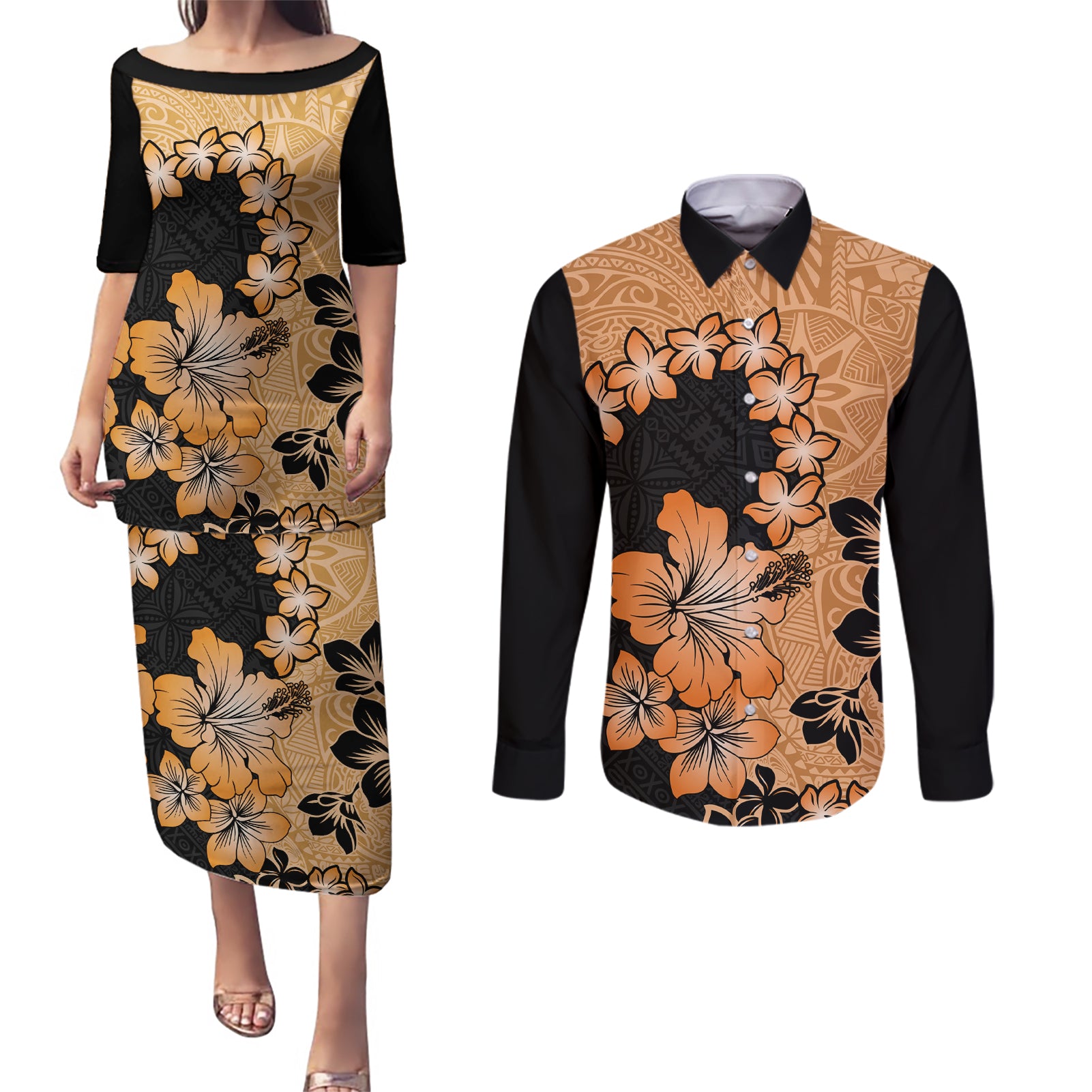 Orange Hawaii Couples Matching Puletasi Dress and Long Sleeve Button Shirt Tapa Cloth Mix Tropical Flowers Pastel Vibes - Wonder Print Shop