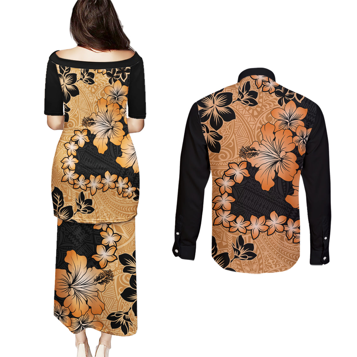 Orange Hawaii Couples Matching Puletasi Dress and Long Sleeve Button Shirt Tapa Cloth Mix Tropical Flowers Pastel Vibes - Wonder Print Shop