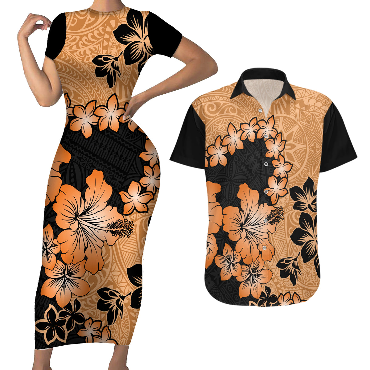 Orange Hawaii Couples Matching Short Sleeve Bodycon Dress and Hawaiian Shirt Tapa Cloth Mix Tropical Flowers Pastel Vibes - Wonder Print Shop