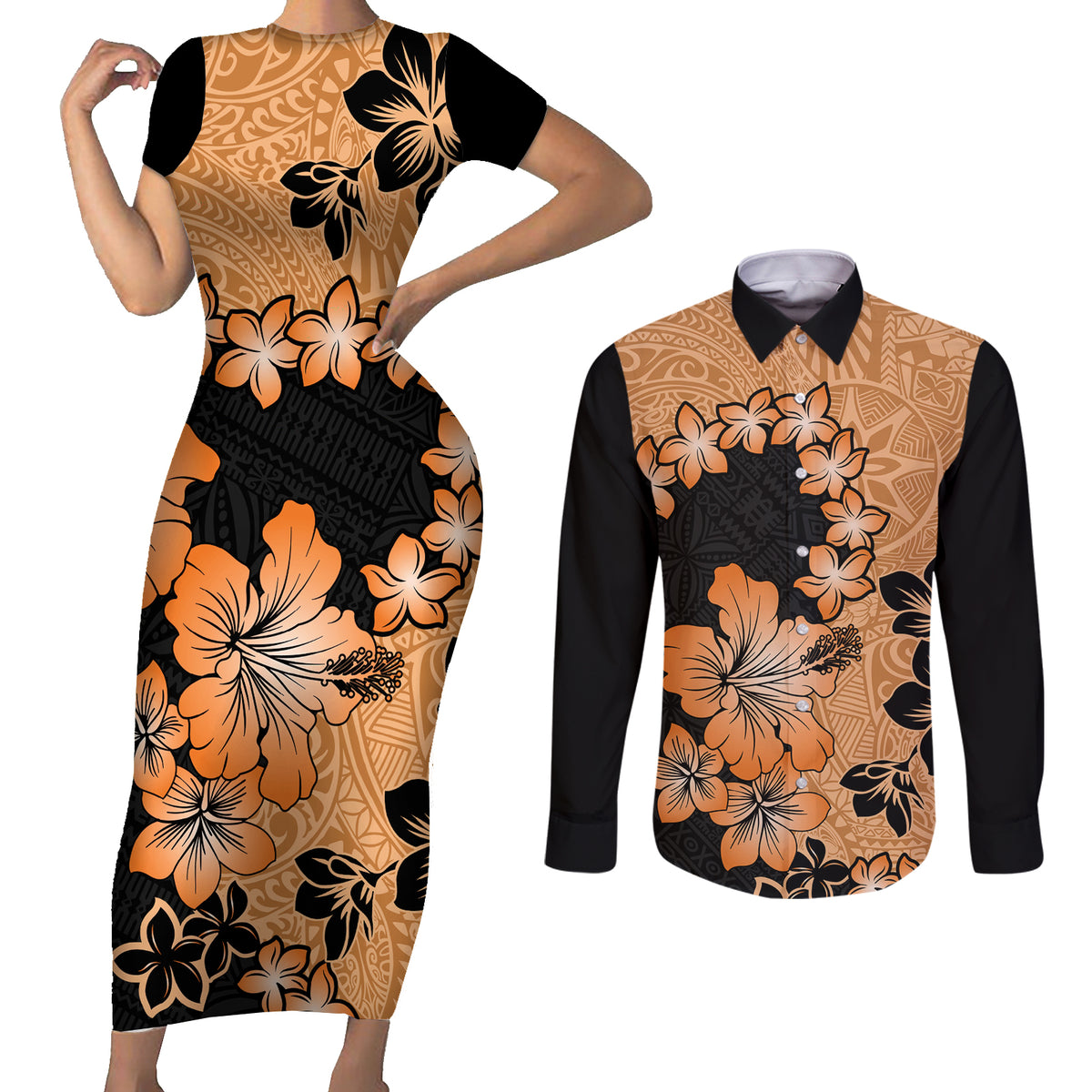 Orange Hawaii Couples Matching Short Sleeve Bodycon Dress and Long Sleeve Button Shirt Tapa Cloth Mix Tropical Flowers Pastel Vibes - Wonder Print Shop
