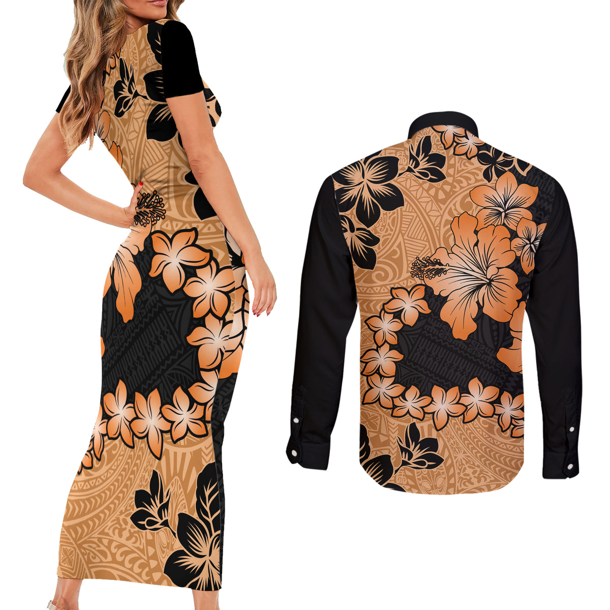 Orange Hawaii Couples Matching Short Sleeve Bodycon Dress and Long Sleeve Button Shirt Tapa Cloth Mix Tropical Flowers Pastel Vibes - Wonder Print Shop