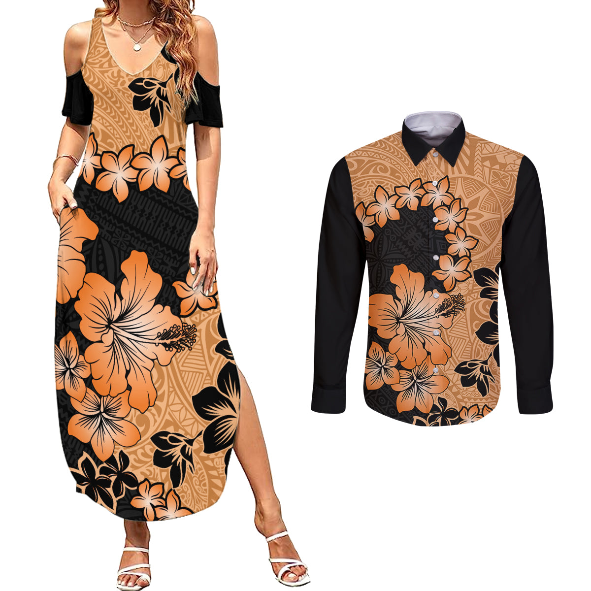 Orange Hawaii Couples Matching Summer Maxi Dress and Long Sleeve Button Shirt Tapa Cloth Mix Tropical Flowers Pastel Vibes - Wonder Print Shop