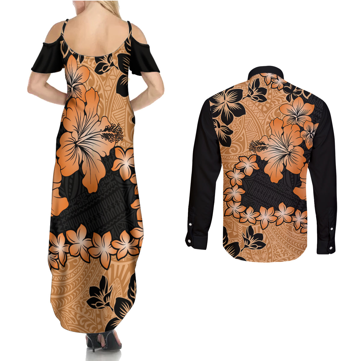 Orange Hawaii Couples Matching Summer Maxi Dress and Long Sleeve Button Shirt Tapa Cloth Mix Tropical Flowers Pastel Vibes - Wonder Print Shop