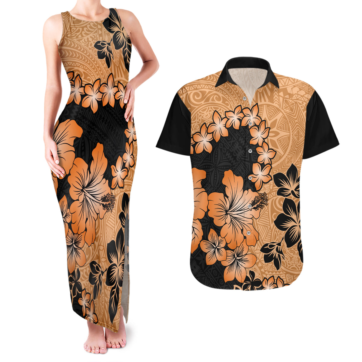 Orange Hawaii Couples Matching Tank Maxi Dress and Hawaiian Shirt Tapa Cloth Mix Tropical Flowers Pastel Vibes - Wonder Print Shop