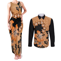 Orange Hawaii Couples Matching Tank Maxi Dress and Long Sleeve Button Shirt Tapa Cloth Mix Tropical Flowers Pastel Vibes - Wonder Print Shop
