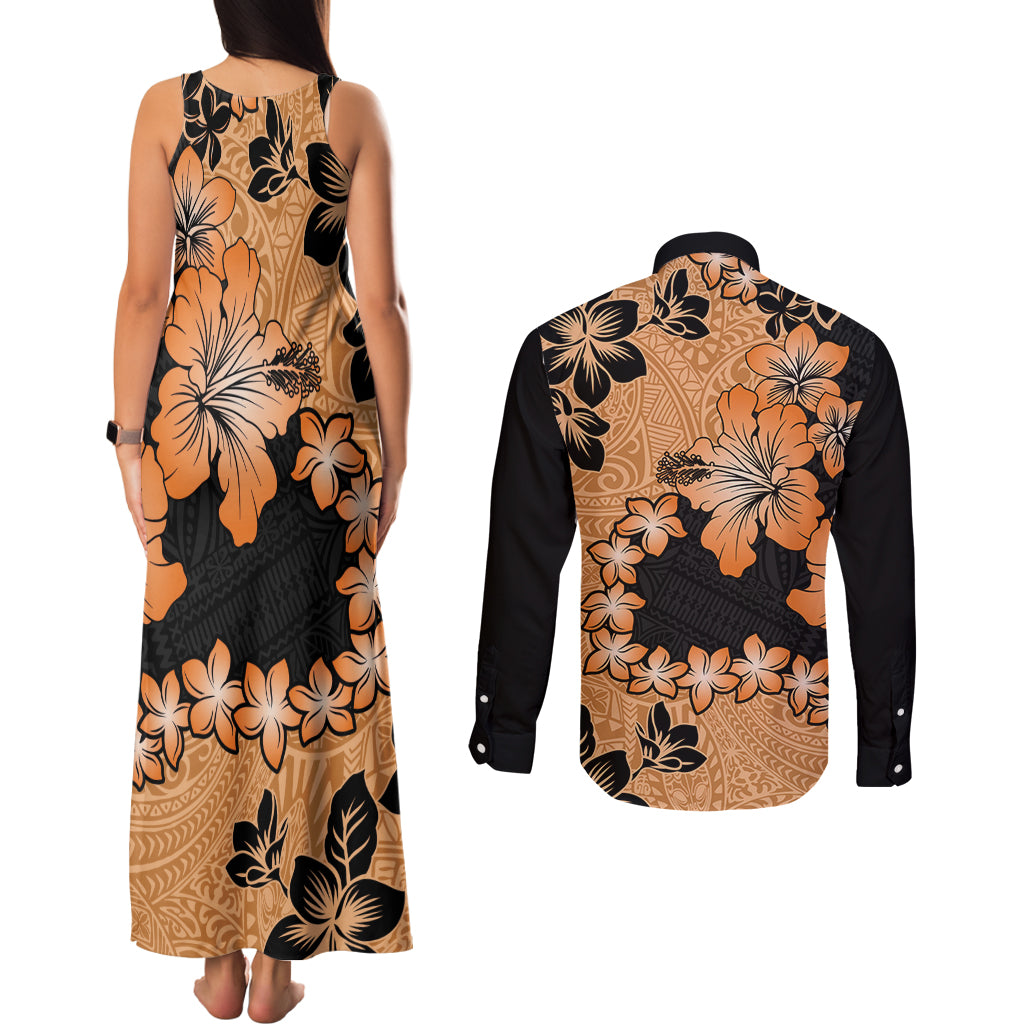 Orange Hawaii Couples Matching Tank Maxi Dress and Long Sleeve Button Shirt Tapa Cloth Mix Tropical Flowers Pastel Vibes - Wonder Print Shop