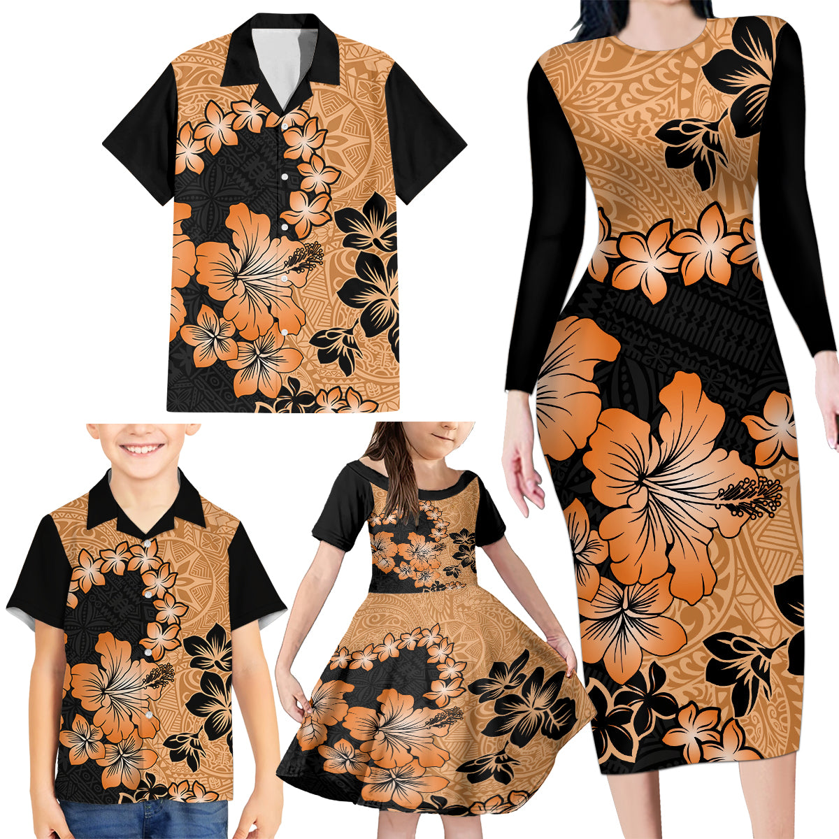 Orange Hawaii Family Matching Long Sleeve Bodycon Dress and Hawaiian Shirt Tapa Cloth Mix Tropical Flowers Pastel Vibes - Wonder Print Shop