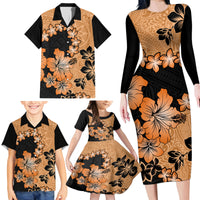Orange Hawaii Family Matching Long Sleeve Bodycon Dress and Hawaiian Shirt Tapa Cloth Mix Tropical Flowers Pastel Vibes - Wonder Print Shop