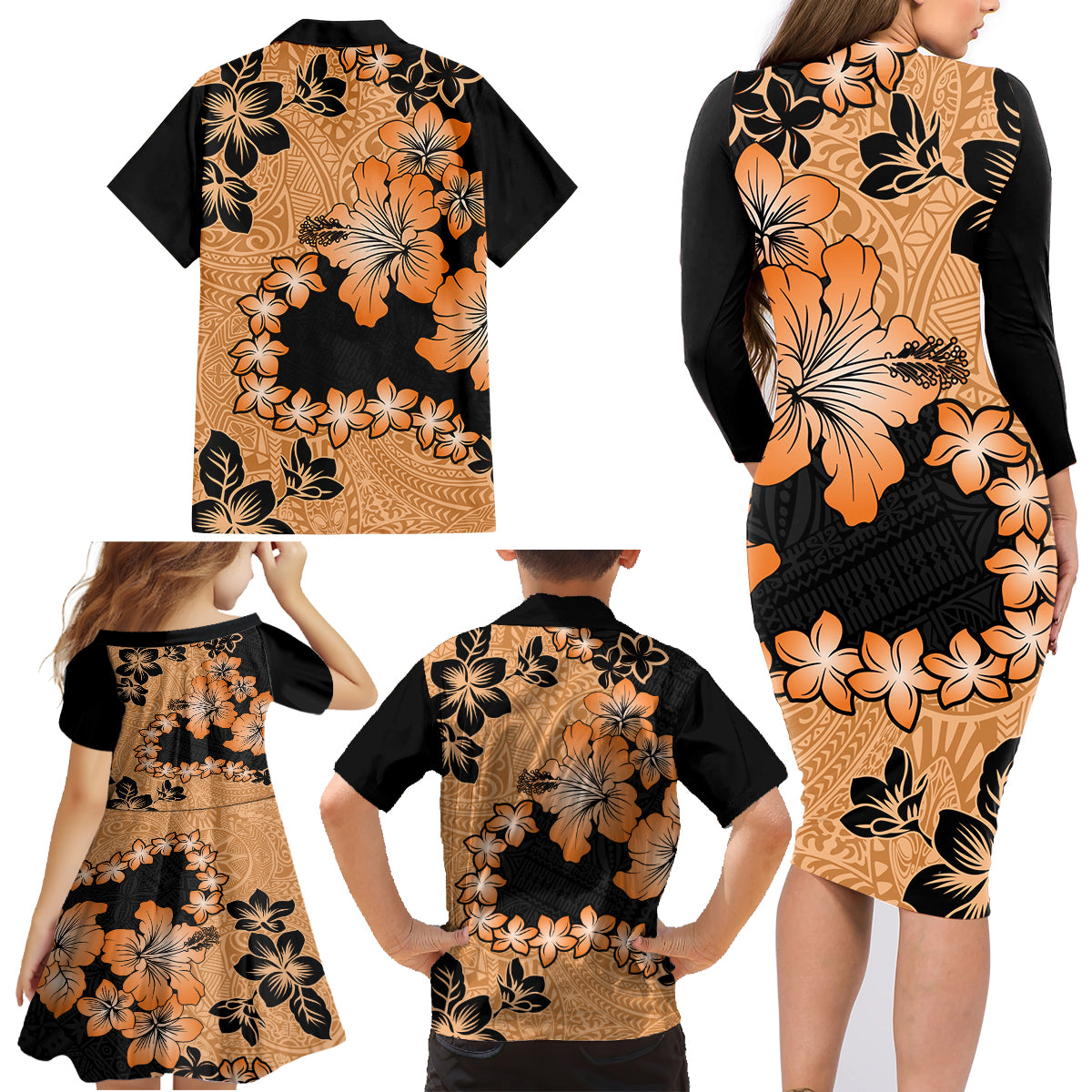 Orange Hawaii Family Matching Long Sleeve Bodycon Dress and Hawaiian Shirt Tapa Cloth Mix Tropical Flowers Pastel Vibes - Wonder Print Shop