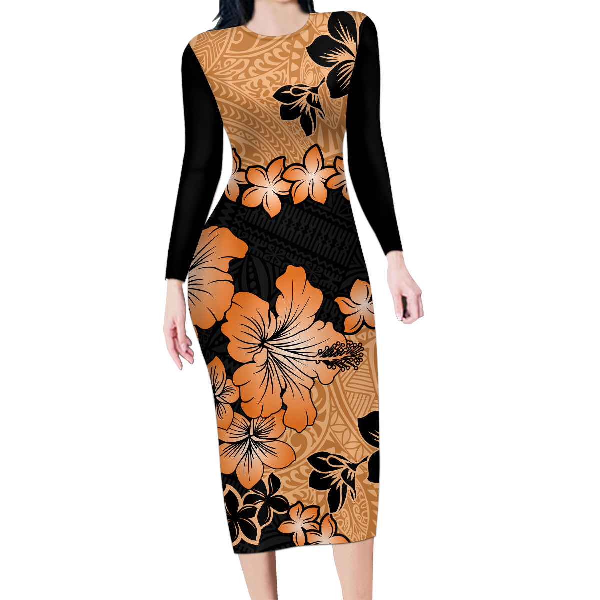 Orange Hawaii Family Matching Long Sleeve Bodycon Dress and Hawaiian Shirt Tapa Cloth Mix Tropical Flowers Pastel Vibes - Wonder Print Shop