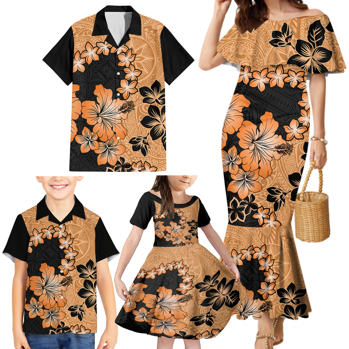 Orange Hawaii Family Matching Mermaid Dress and Hawaiian Shirt Tapa Cloth Mix Tropical Flowers Pastel Vibes - Wonder Print Shop