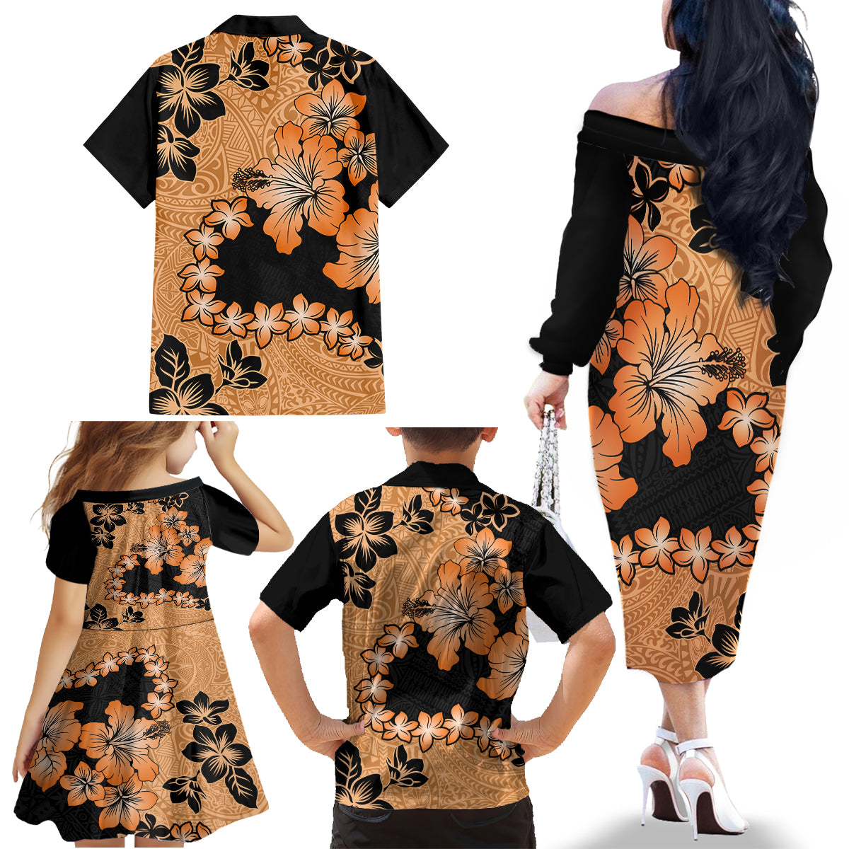 Orange Hawaii Family Matching Off Shoulder Long Sleeve Dress and Hawaiian Shirt Tapa Cloth Mix Tropical Flowers Pastel Vibes - Wonder Print Shop