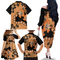 Orange Hawaii Family Matching Off Shoulder Long Sleeve Dress and Hawaiian Shirt Tapa Cloth Mix Tropical Flowers Pastel Vibes - Wonder Print Shop