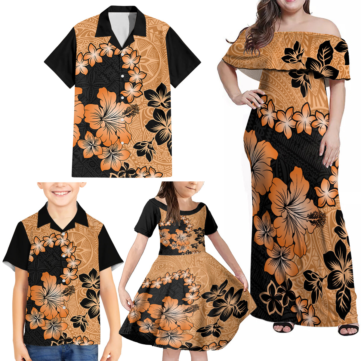 Orange Hawaii Family Matching Off Shoulder Maxi Dress and Hawaiian Shirt Tapa Cloth Mix Tropical Flowers Pastel Vibes - Wonder Print Shop