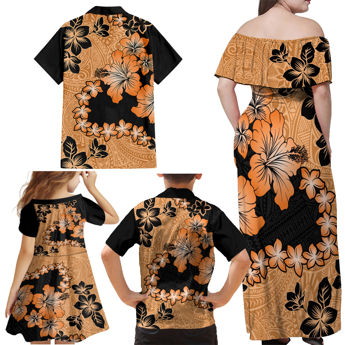 Orange Hawaii Family Matching Off Shoulder Maxi Dress and Hawaiian Shirt Tapa Cloth Mix Tropical Flowers Pastel Vibes - Wonder Print Shop