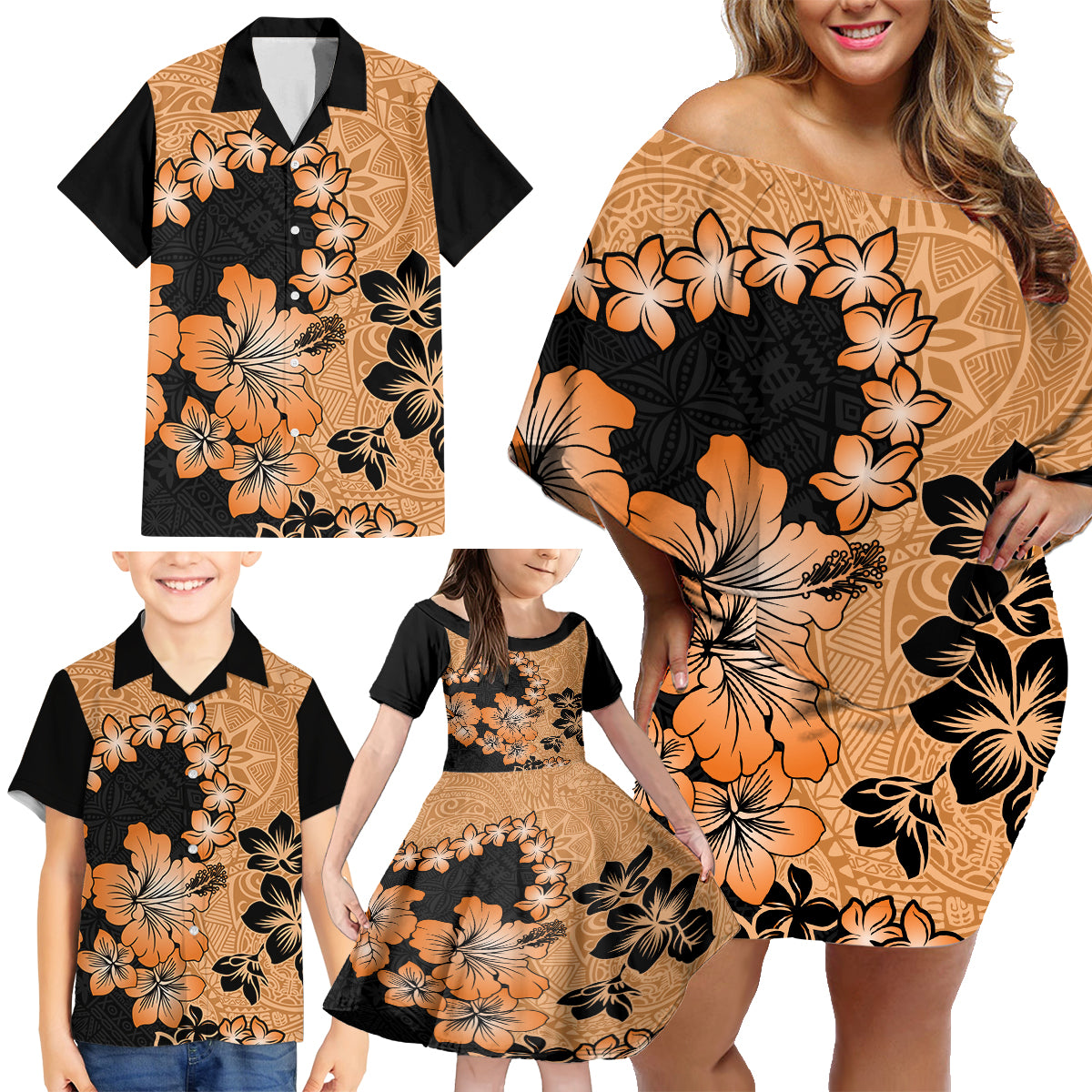 Orange Hawaii Family Matching Off Shoulder Short Dress and Hawaiian Shirt Tapa Cloth Mix Tropical Flowers Pastel Vibes - Wonder Print Shop