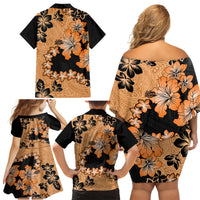 Orange Hawaii Family Matching Off Shoulder Short Dress and Hawaiian Shirt Tapa Cloth Mix Tropical Flowers Pastel Vibes - Wonder Print Shop