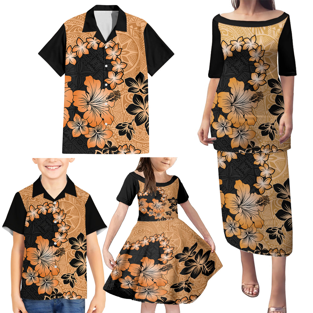 Orange Hawaii Family Matching Puletasi Dress and Hawaiian Shirt Tapa Cloth Mix Tropical Flowers Pastel Vibes - Wonder Print Shop