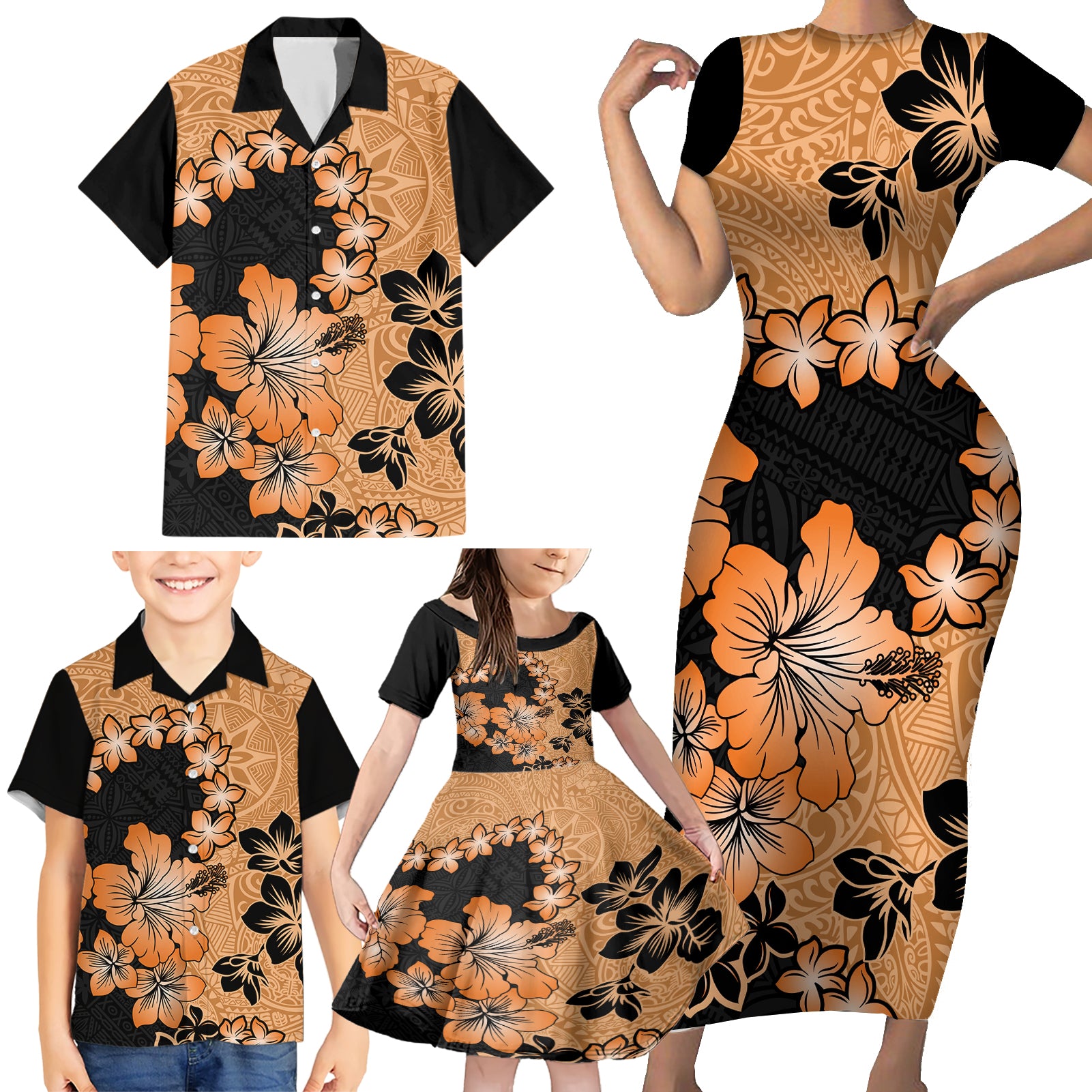 Orange Hawaii Family Matching Short Sleeve Bodycon Dress and Hawaiian Shirt Tapa Cloth Mix Tropical Flowers Pastel Vibes - Wonder Print Shop
