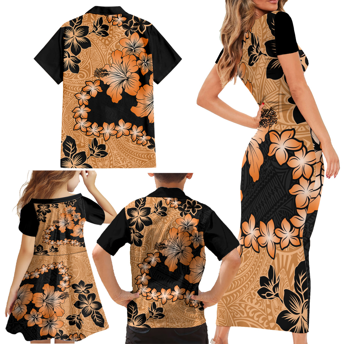 Orange Hawaii Family Matching Short Sleeve Bodycon Dress and Hawaiian Shirt Tapa Cloth Mix Tropical Flowers Pastel Vibes - Wonder Print Shop