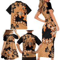 Orange Hawaii Family Matching Short Sleeve Bodycon Dress and Hawaiian Shirt Tapa Cloth Mix Tropical Flowers Pastel Vibes - Wonder Print Shop
