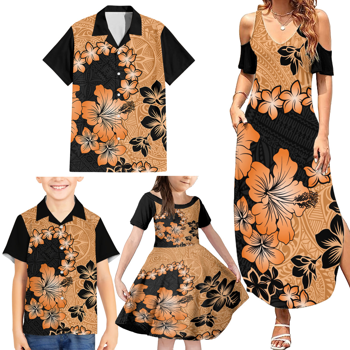 Orange Hawaii Family Matching Summer Maxi Dress and Hawaiian Shirt Tapa Cloth Mix Tropical Flowers Pastel Vibes - Wonder Print Shop